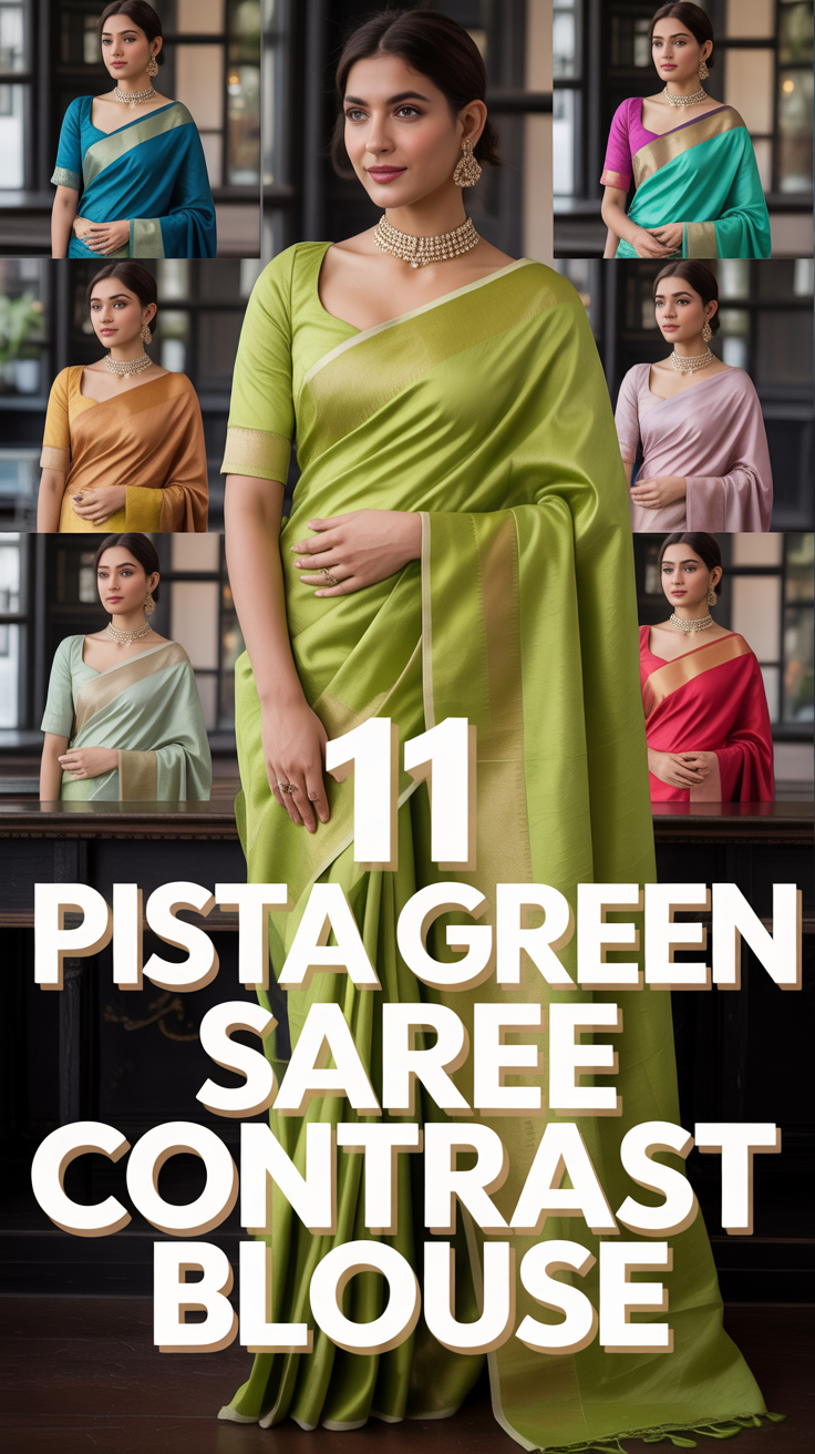 💚 11 Pista Green Saree Contrast Blouse