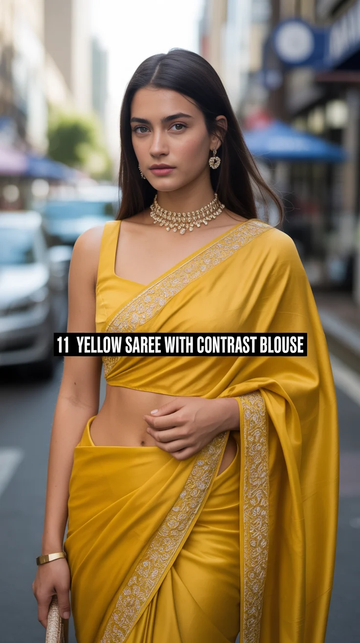 💛 11 Yellow Saree With Contrast Blouse