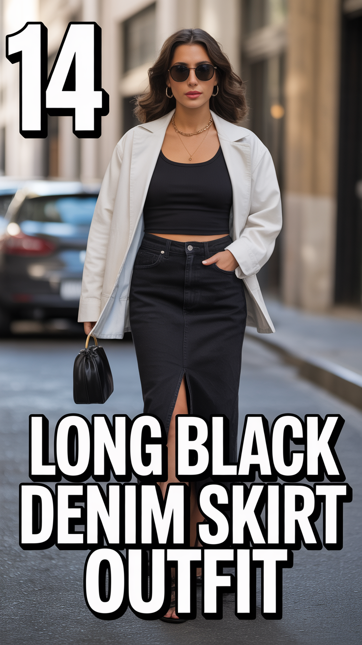 👗 14 Long Black Denim Skirt Outfit